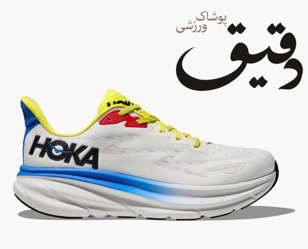 کتونی ورزشی هوکا کلیفتون HOKA CLIFTON 9 سفید بند رنگی سایز 2/3 42